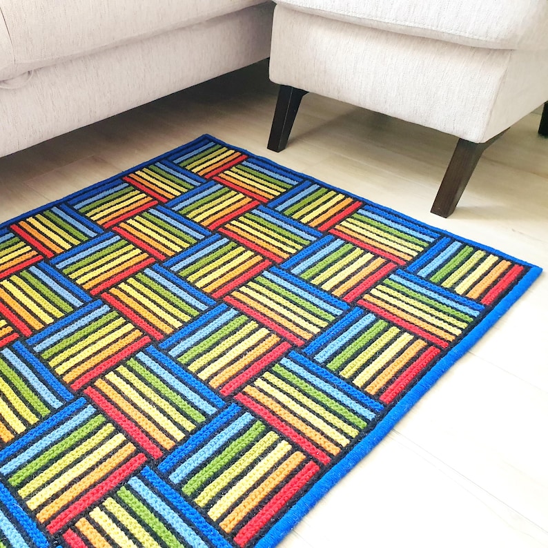 Modern rainbow geometric pattern rug for mid-century or boho interior style