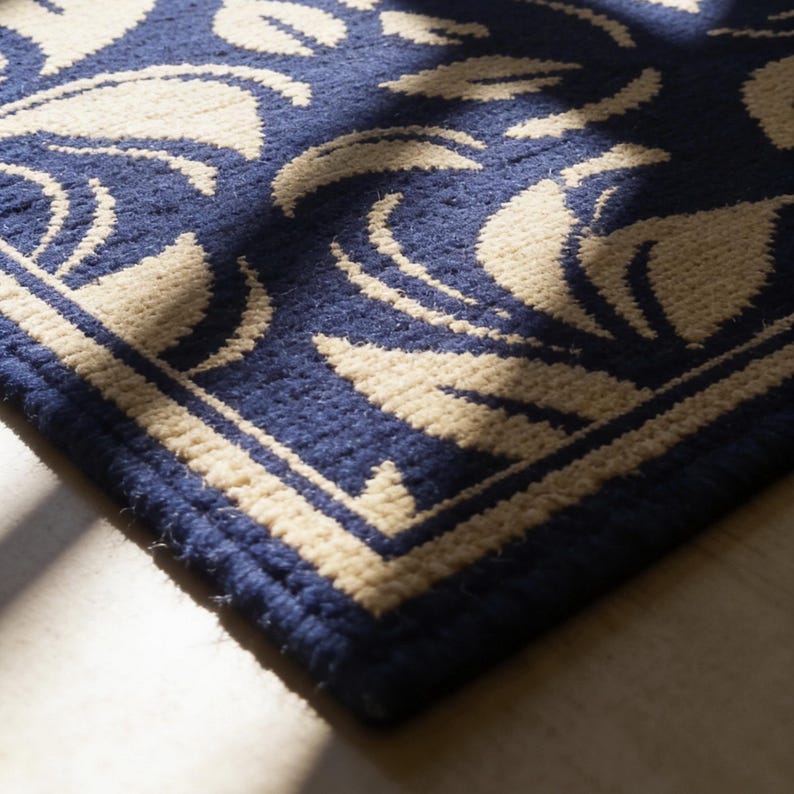 Close-up of textured wool rug handmade with yellow floral design on deep blue.