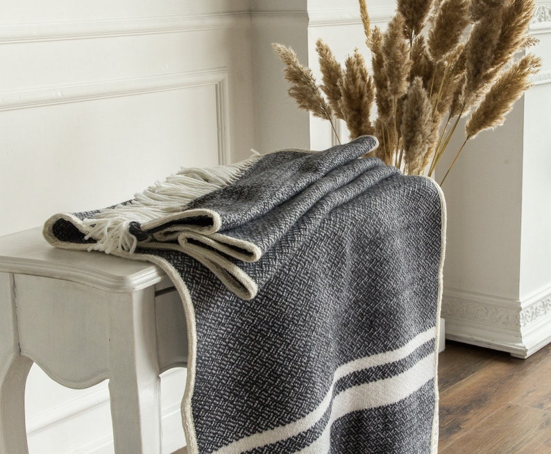 Handwoven Woven bed runner Sofa blanket Woven wool throw Black throw blanket Woven blanket gray Wool blanket Knitted throw 28x76