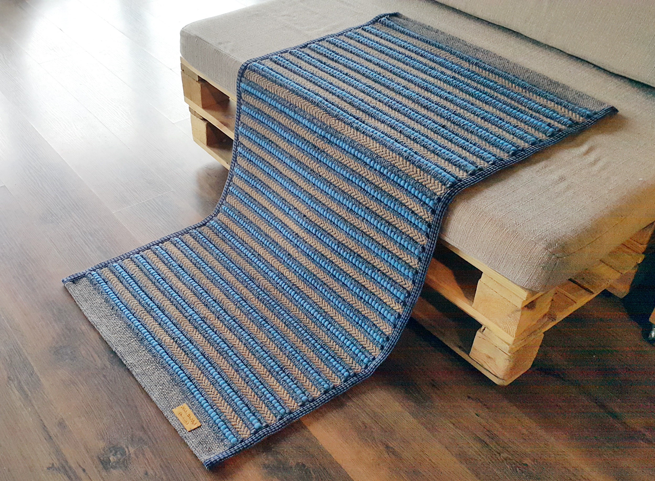 Bedside Wool Rug Blue Striped Woven Small Blue Mat Sheep Etsy