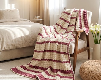 Crochet Wool Throw Blanket, White Pink Lilac Striped, Boho Bedroom Decor