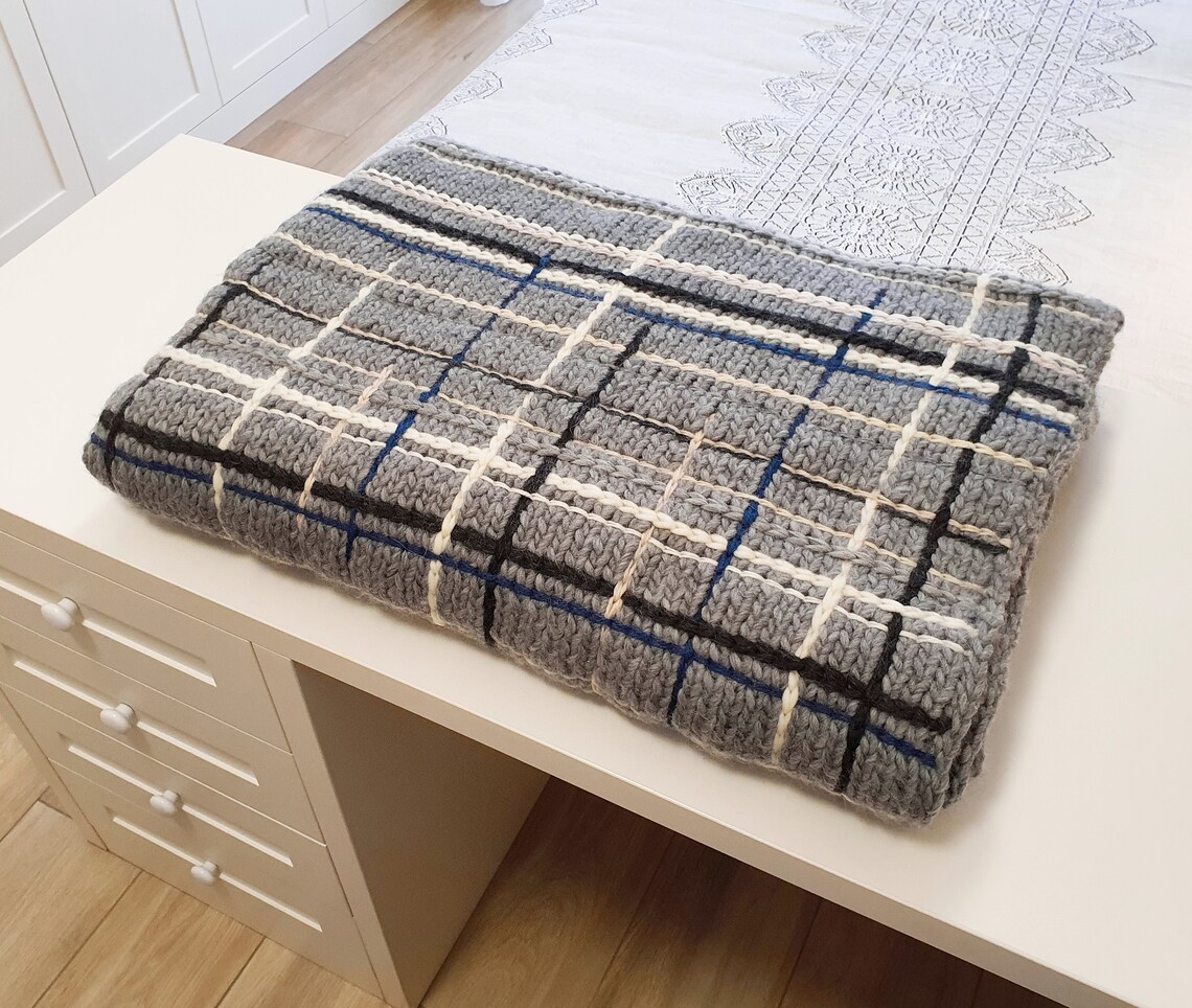 Wool Knit Blanket Gray White Checkered Pattern Geometric Etsy