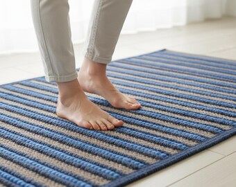 Blue Camel Wool Woven Rug, Striped Handwoven Bedroom Runner Natural Fiber