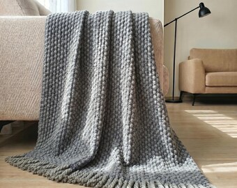 Gray Chunky Wool Throw, Textured Woven Blanket with Fringe for Bed, Sofa