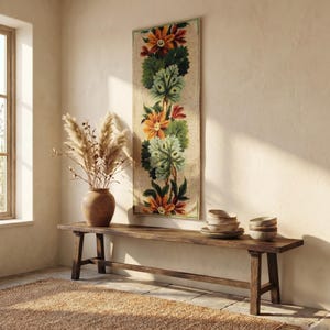 Embroidery panel with wool threads forming flowers and leaves, textured wall decor for home