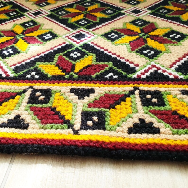 close-up nexture of a wool rug with Ukrainian ornament, handmade