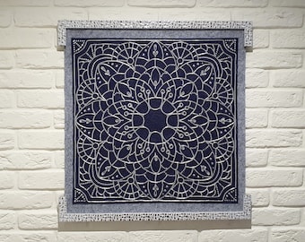 Mandala Silver Blue Embroidery art Boho Wall hanging