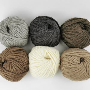 May include: Six balls of yarn in various shades of brown, grey, and white. The yarn is arranged in a circle on a white background.
