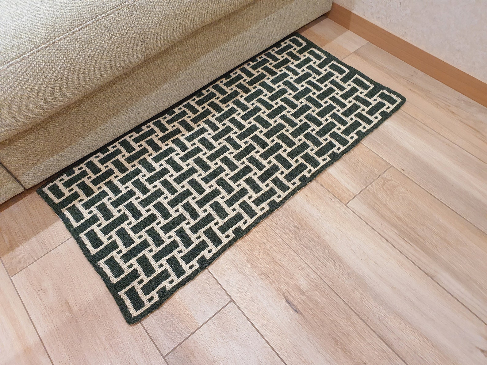 Crochet Wool Rug Bedside Small Mat Green White Geometric Etsy