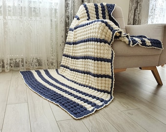 Crochet wool blanket White and Blue Striped Wool throw Sofa small blanket, Gift to old, 57"x77"