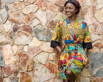 African Print Patchwork Robe: Ankara Kimono with Optional Bonnet