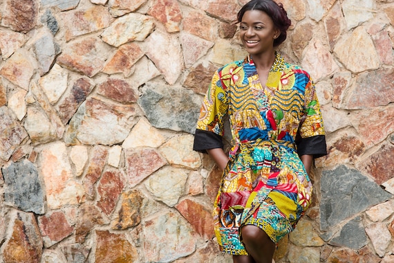 African Print Patchwork Robe: Ankara Kimono with Optional Bonnet