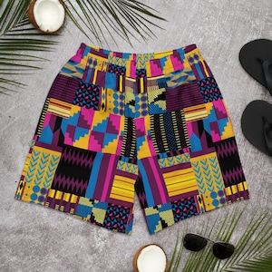 Kente Print Mens shorts, Ankara Mens swim trunks, Men&#39;s Athletic Long Shorts, African Print Mens shorts