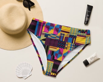 Royal Kente Print bikini bottom, Recycled high-waisted bikini bottom, African Print bikini bottom