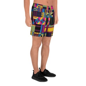 May include: A pair of athletic shorts with a colorful geometric pattern in shades of yellow, blue, pink, and black. The shorts are made of a lightweight, breathable fabric and are perfect for working out or running errands.
