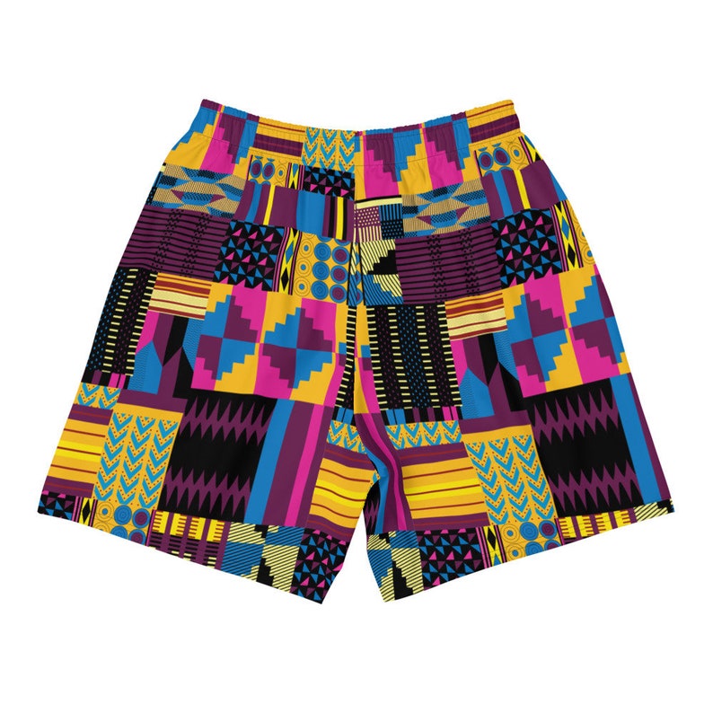 May include: Yellow, blue, pink, and black patterned men's swim trunks with a geometric design.