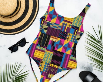 Royal Kente Print One-Piece Swimsuit, African Print bathing suit, Ankara Swimwear, Vibrant Colored Beachwear