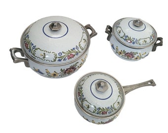 Vintage German ASTA Floral Baby Blue Enamel  10" , 7" & 6 1/4" Cookware Set