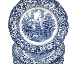 Liberty Blue Staffordshire Dinner Plates Independence Hall England Set Of 8