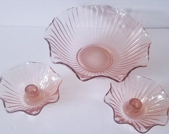 Anchor Hocking Lexington Pink Depression Ruffled Console Bowl & 2 Candle Holders