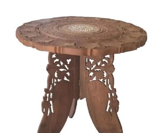 Vintage 1970  Indian Hand Carved Teak  wooden Coffee /Side Table 18" H X 20.5" W