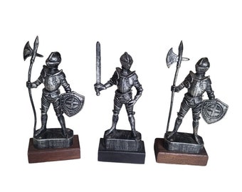 Lot of 3 Vintage 9" Thick Plastic Knight Figures Wooden Bases Figurine Hong Kong