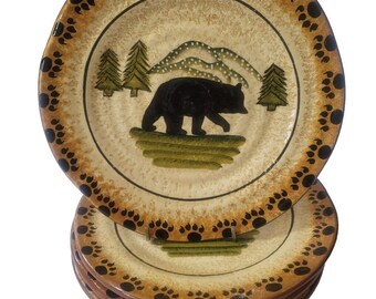 Paseo Road By HiEnd Accent Rustic Bear Cabin 8 1/8" Salad Plates Lot Of 4