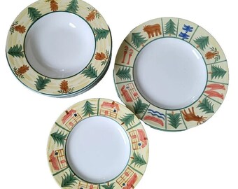 Bella Ceramica Northwoods Pinecones Trees 2 Dinner, 3 Salad Plates & 6 rim Bowls