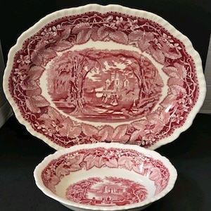 Vintage Mason's Vista Pink Transferware 13 3/4" Oval Platter & 9" Serving Bowl