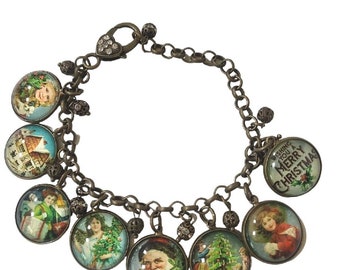 Vintage Wishing You Merry Christmas Art Picture Glass Dome Charm Bracelet