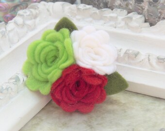 Red, White and Green Rose Cluster Felt Brooch and Hair Clip - Red, White and green flower brooch, flower gift, Corsage, brooch, pin