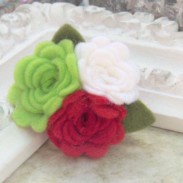 Red, White and Green Rose Cluster Felt Brooch and Hair Clip - Red, White and green flower brooch, flower gift, Corsage, brooch, pin