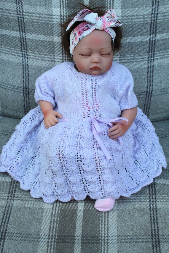 Hand Knitted Lacey Lilac Baby Dress: Vintage Christening Party Outfit (6-9 Months)