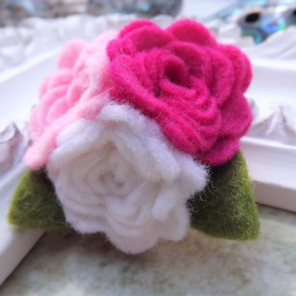 Cerise, Pink and White Rose Cluster Felt Brooch and Hair Clip - Cerise, Pink and White flower brooch, flower gift, Corsage, brooch, pin