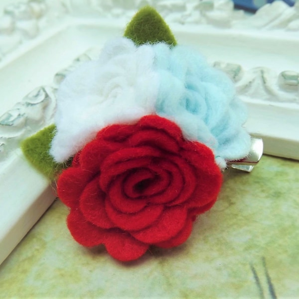 Red, White and Light Blue Rose Cluster Felt Brooch and Hair Clip - Red, white and blue flower brooch, flower gift, Corsage, brooch, pin