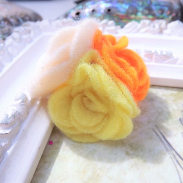 Yellow, Cream and Orange Rose Felt Brooch. Cluster Flower Pin. Felted Badge. Rose Corsage. Rose Hair Slide