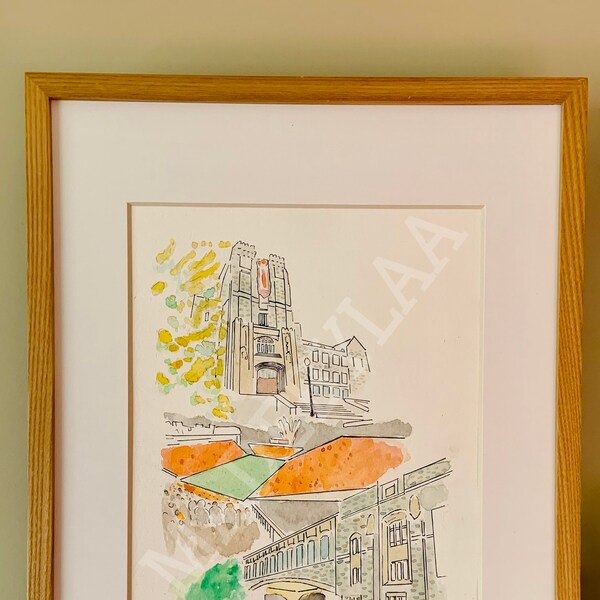 Virginia Tech University Campus Watercolor Art Painting