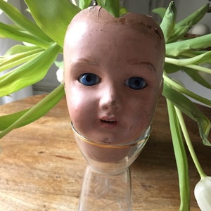 Può includere: Una testa di bambola in porcellana vintage con occhi azzurri, un sorriso dipinto e un bordo dorato intorno al collo. La testa è posizionata in un vaso di vetro trasparente con steli verdi e fiori bianchi.