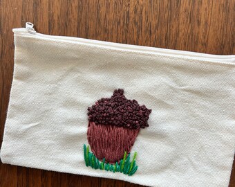 Canvas Zippered Pouch with Acorn Embroidery