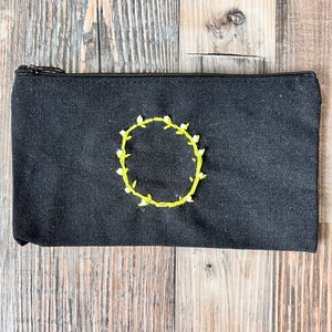 Canvas Zippered Pouch Embroidered with Wreath Design