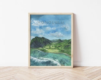 Honolulu Hawaii Watercolor Art Print, Kualoa Ranch, Oahu Island Wall Decor