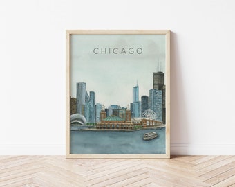 May include: A watercolor painting of the Chicago skyline, featuring iconic buildings like the Willis Tower and the John Hancock Center. The painting also includes the Chicago River, the Navy Pier Ferris wheel, and the Art Institute of Chicago. The title "CHICAGO" is written in black at the top of the painting.