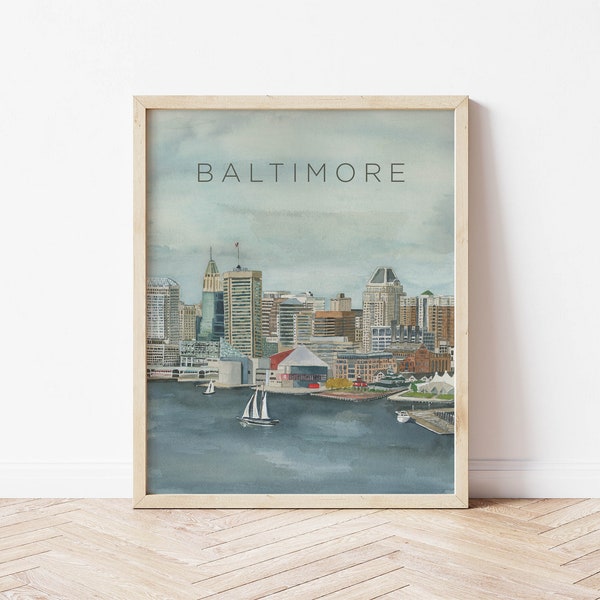 Baltimore Inner Harbor Watercolor Art Print, Maryland Home Decor