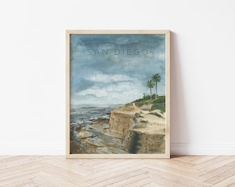 Sunset Cliffs San Diego Watercolor Art Print, Coastal Home Decor