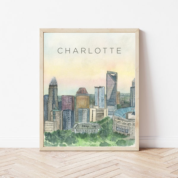 Charlotte, North Carolina Art Print, Charlotte Skyline Wall Art and Home Decor, Queen City Painting, Panthers, Housewarming Gift, UNCC Gift