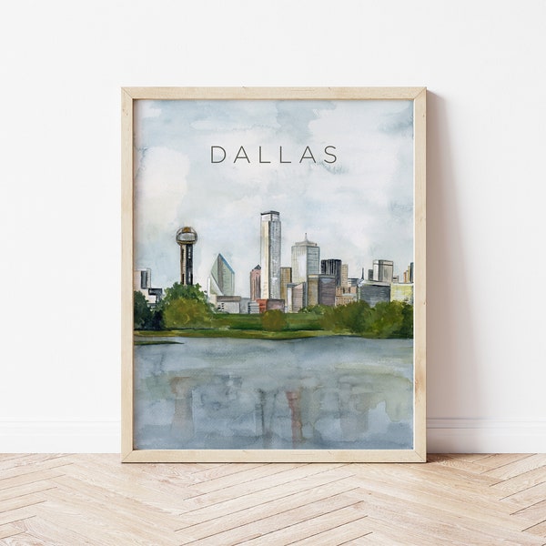 Dallas, Texas Skyline Wall Art, Travel Decor, Texan Watercolor Painting, Reunion Tower Gallery Wall, Bank of America Plaza,DFW Artwork Print