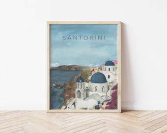 Santorni, Greece Art Print, Santorini Wall Art, Greek Travel Decor, Greece Landscape,  Watercolor Painting, Aegean Sea Painting, Blue Domes