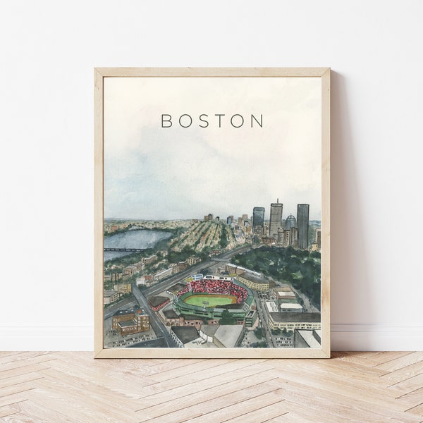 Boston Art Print, Boston City Skyline Cityscape, Red Sox Fenway Park Art