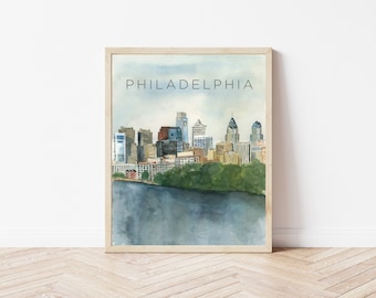 May include: A watercolor painting of the Philadelphia skyline with the word "PHILADELPHIA" in black text at the top of the image.