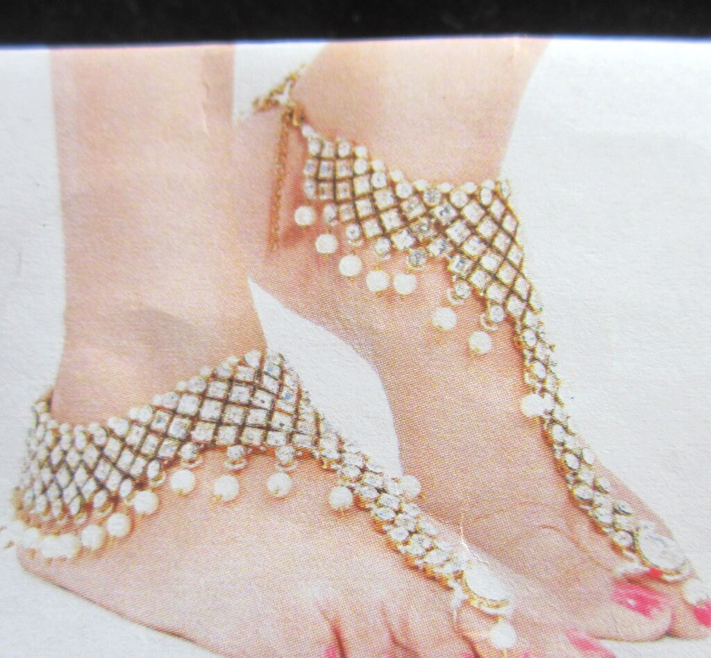 Anklets Payal Pair with Toe Ring Crystal Pearl Gold tone Etsy